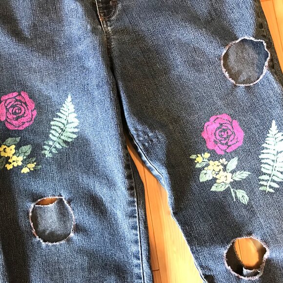 Upcycled Sonoma Jeans w/Cut-Outs, Painted Flower Funky Pants, Size 16 Short - Picture 10 of 15